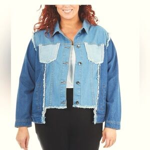 Cut-Out Multi Wash Blue Denim Jean Jacket w/ Fringe Classic Cropped Size L NWOT